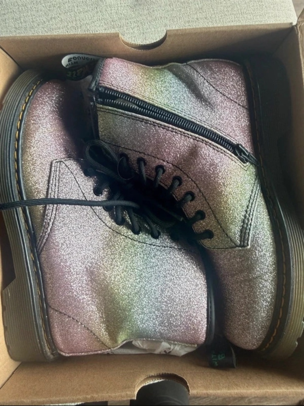 Dr. Martens Iridescent Glitter Lace-Up Ankle Boots - Pink Green Shift